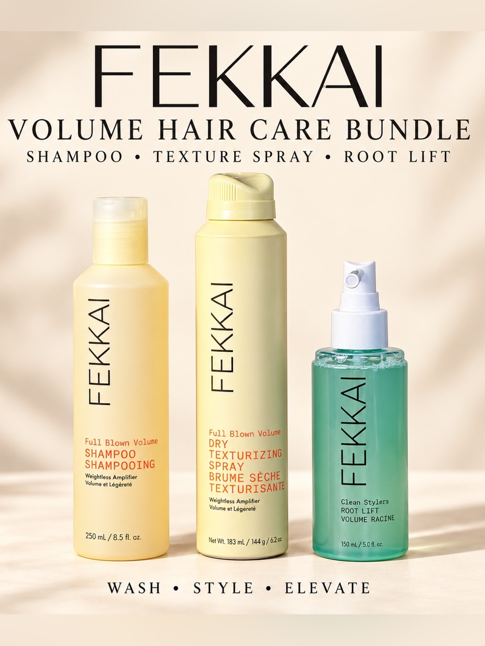 FEKKAI Volume Hair Care Bundle – Shampoo, Texture Spray & Root Lift. New!